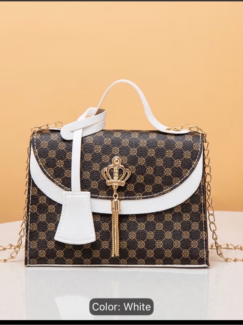 White Accent Brown Patterned Women's Top-Handle Crossbody Bag